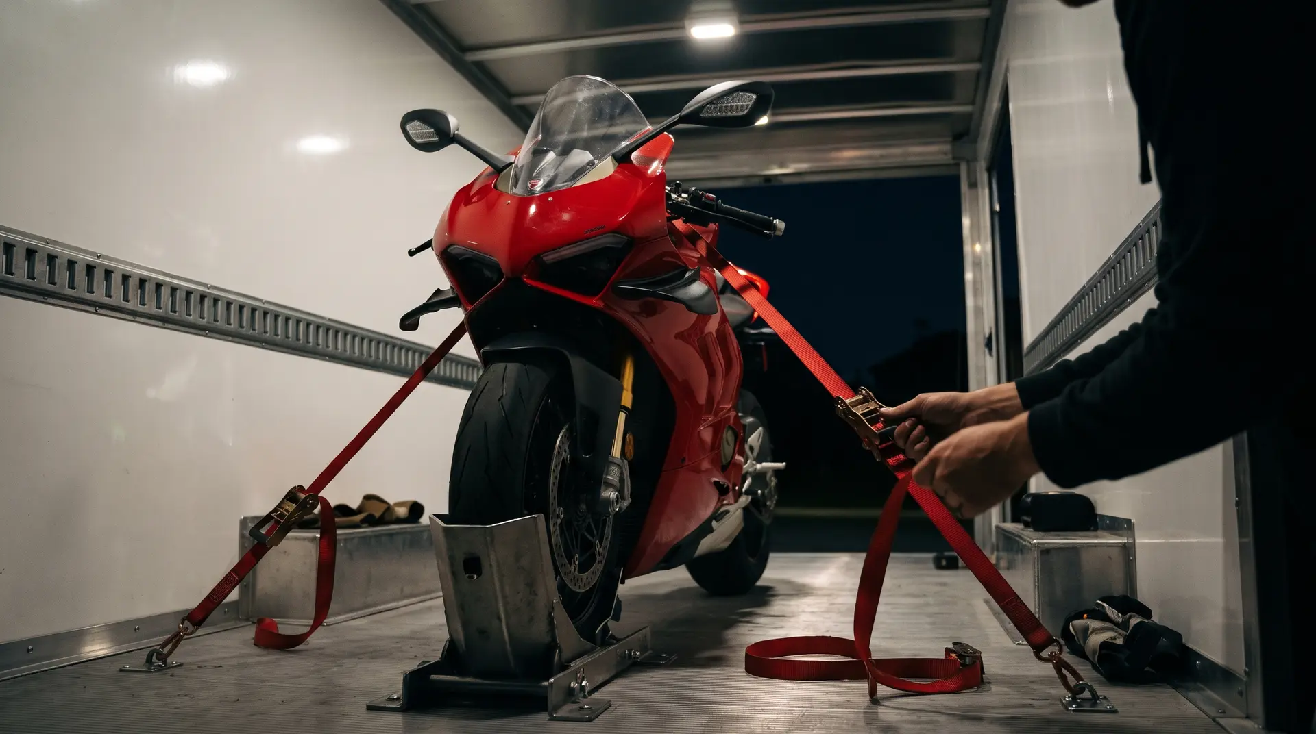 Kapalı kasada, ön tekeri standa oturmuş kırmızı spor motosiklet kayışlarla bağlanıyor.